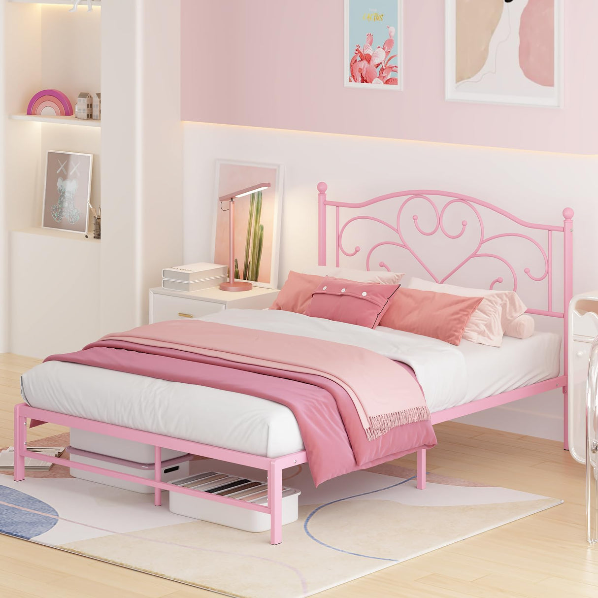 Elephance Full Bed Frame with Headboard Metal Bed Frame Full Size with 11.2" Storage Space No Box Spring Needed Easy Assembly,Pink Elephance
