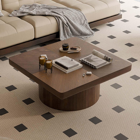 34.6" Square Coffee Table with Cylindrical Leg, Modern Wooden Coffee Table with Solid Wood Veneered, Mid Century Modern Wooden Center Table, Accent Tea Table for Living Room Apartment, Walnut Homora