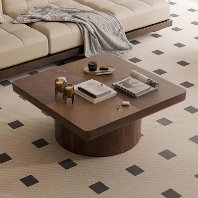 34.6" Square Coffee Table with Cylindrical Leg, Modern Wooden Coffee Table with Solid Wood Veneered, Mid Century Modern Wooden Center Table, Accent Tea Table for Living Room Apartment, Walnut