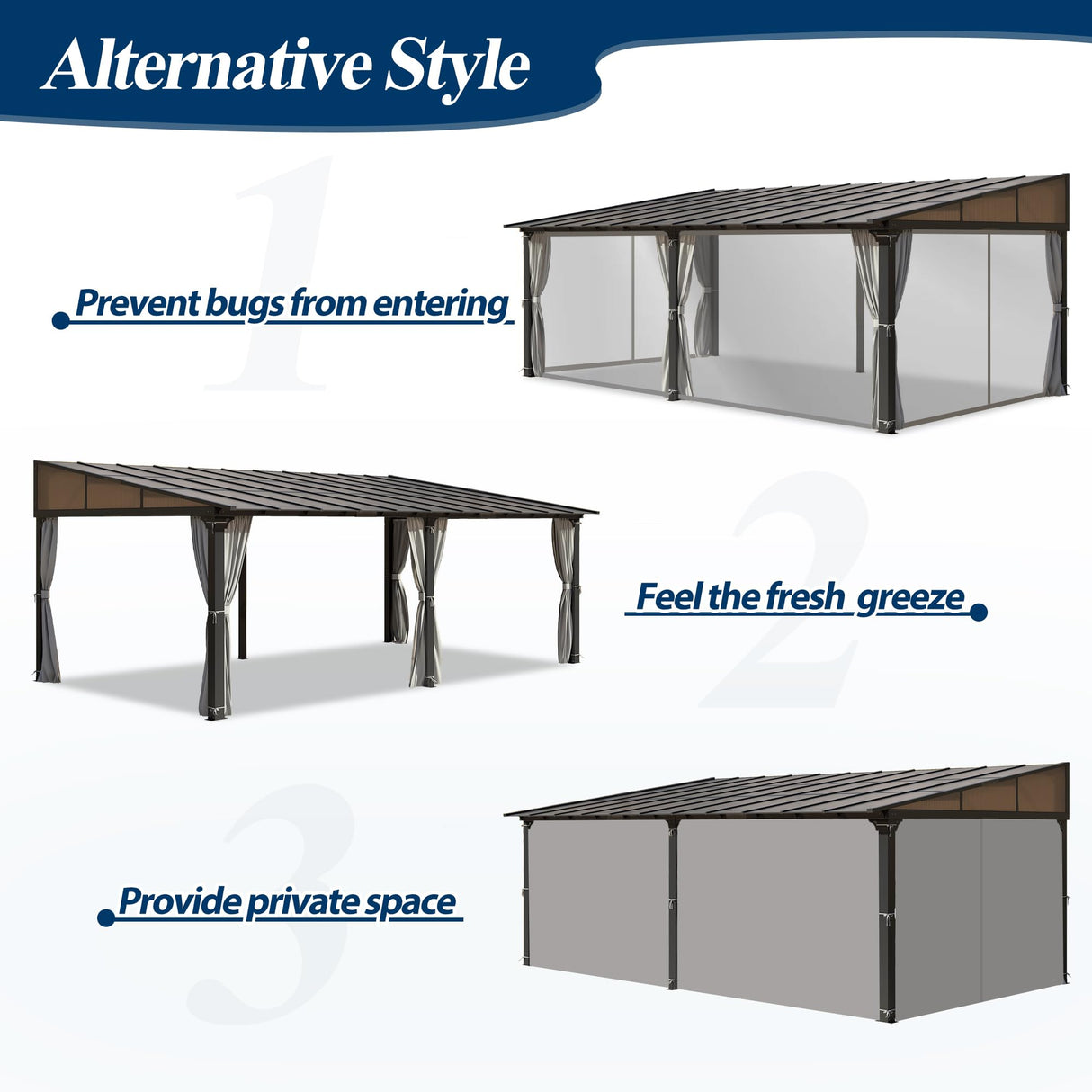 COVERONICS 12' X 20' Outdoor Polycarbonate Lean to Gazebo - Wall-Mounted Aluminum Frame Gazebo with Slope Hardtop, Patio Heavy-Duty Lean to Pergola with Netting & Curtains for Garden, Backyard, Deck COVERONICS