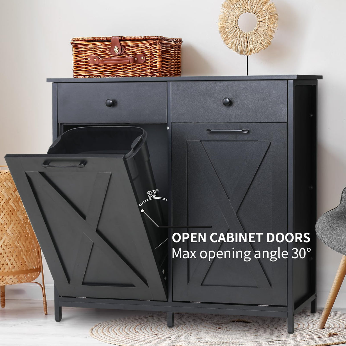 MAMIZO Double Tilt Out Trash Cabinet 10 Gallon*2,Kitchen Garbage Cabinet,Pet-Proof Standing Hidden Dual Laundry Sorter,W/Hideaway Drawer,for Kitchen,Living,Dining Room (Black) MAMIZO