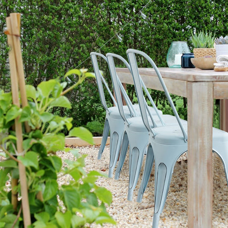 Devoko Metal Indoor-Outdoor Chairs Distressed Style Kitchen Dining Chairs Stackable Side Chair with Back Set of 4 (Blue) Devoko