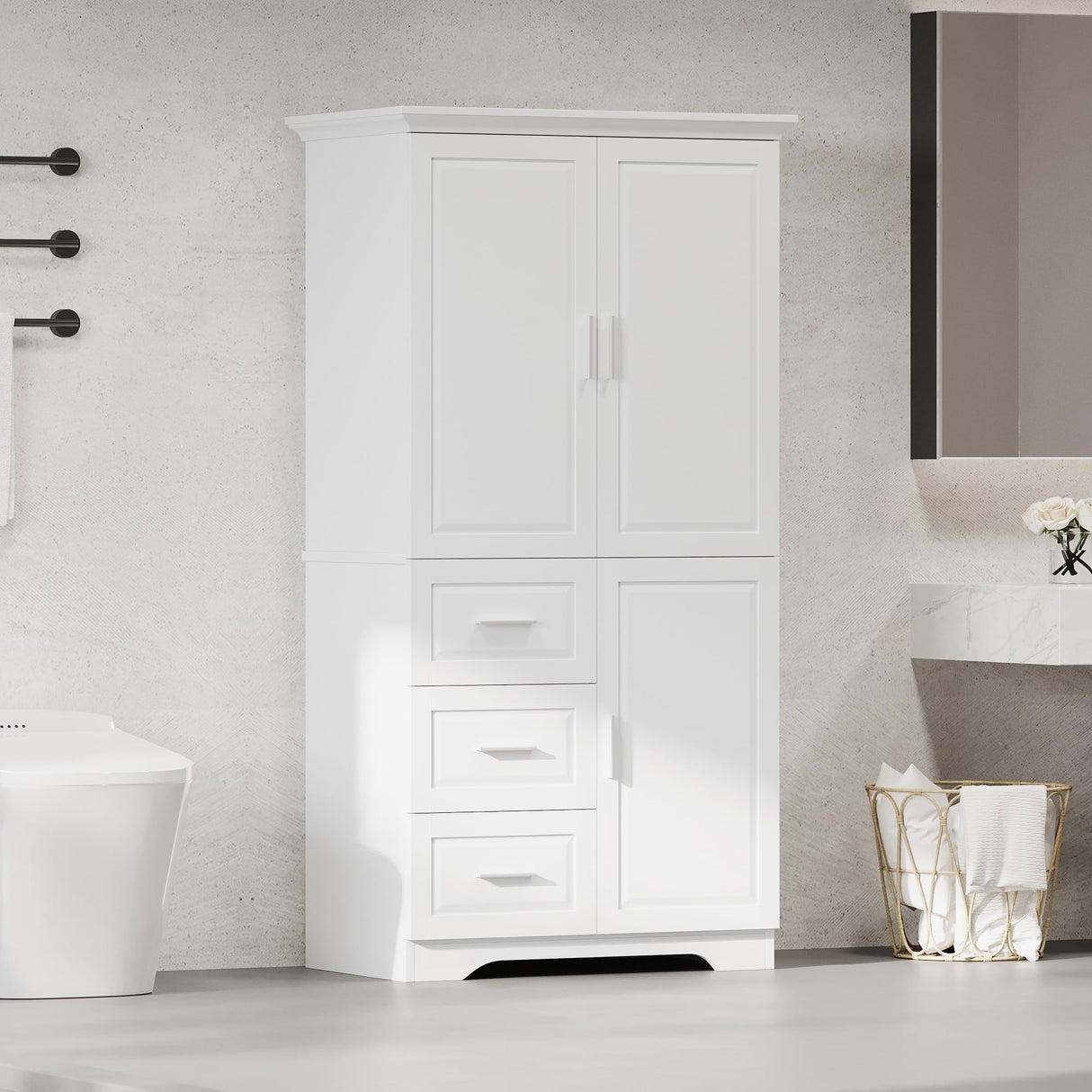 Merax Storage Cabinet with Three Drawers and Doors, Wide Pantry Cupboard for Kitchen, Living Room and Bathroom, Adjustable Shelf, White Merax