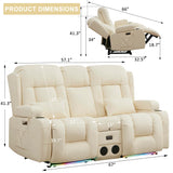 URRED Power Reclining Loveseat Sofa with Console, RV Couch Loveseat Recliner Sofa with Massage & Heat, LED Light, Cupholders, Bluetooth Speakers, USB Charge Ports, Outlets, Faux Leather, Ivory URRED