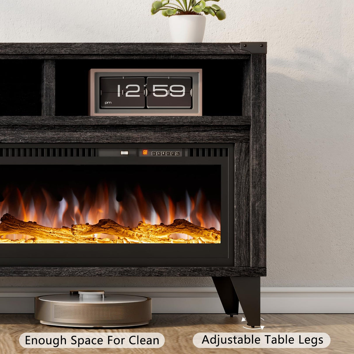 LUXOAK 65“ Fireplace TV Stand, Farmhouse Entertainment Center with 60" Tempered Glass Electric Fireplace, Industrial Media Console with Open Storage Space for TVs up to 75", Black LUXOAK