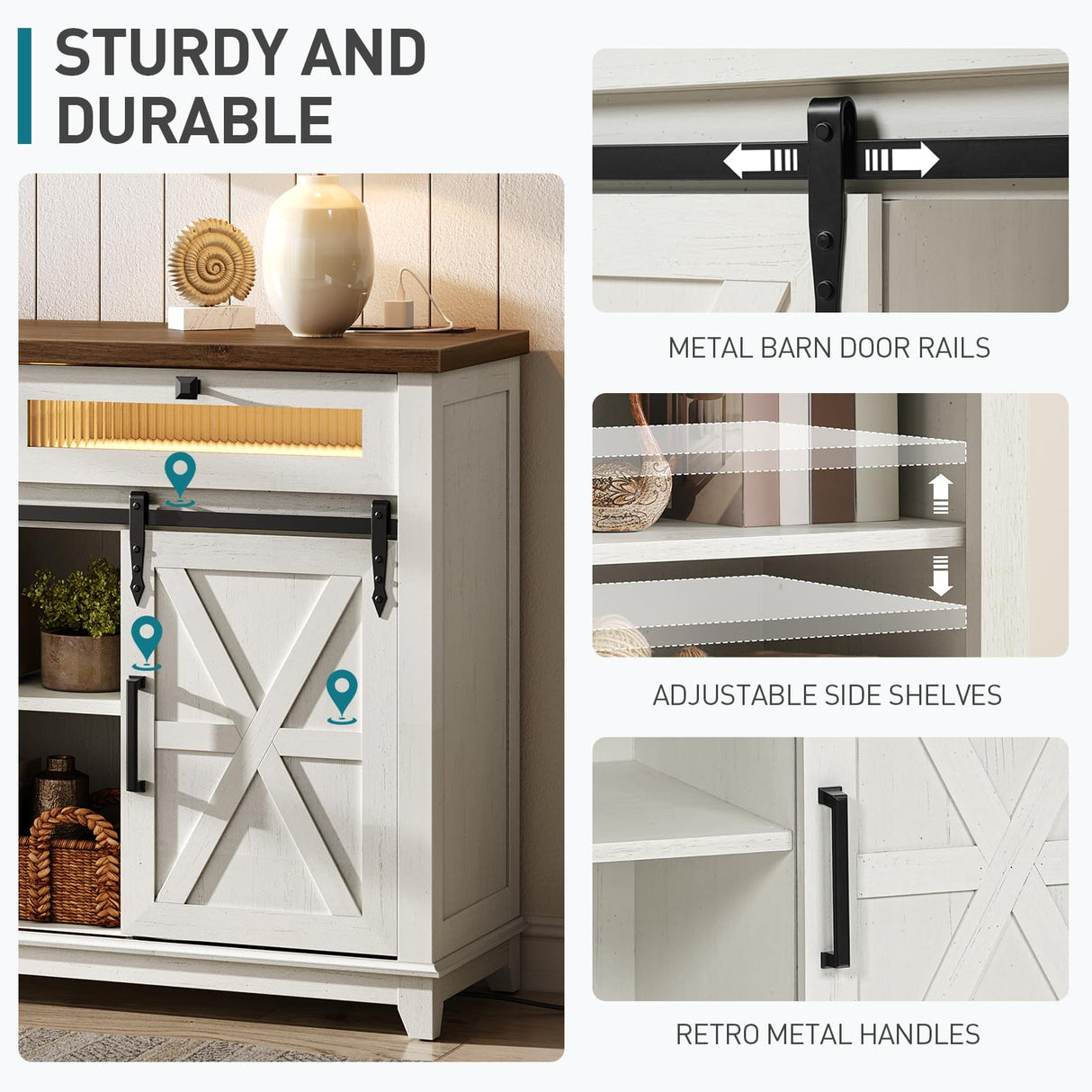 RALGEND White Farmhouse Storage Cabinet, Sideboard Buffet Cabinet with Storage, Kitchen Buffet Storage Cabinet with Power Outlet & LED Light, Coffee Bar Cabinet with Sliding Barn Doors & 2 Drawers RALGEND