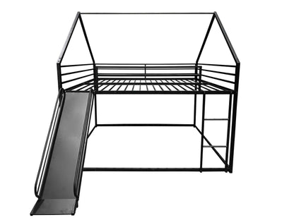 UOCFYK Full Over Full Bunk Bed with Slide for Kids, Metal Bunk Bed Frame with Roof Design and Full-Length Guardrail, Ladder, House Bed for Boys and Girls, No Box Spring Needed, Black