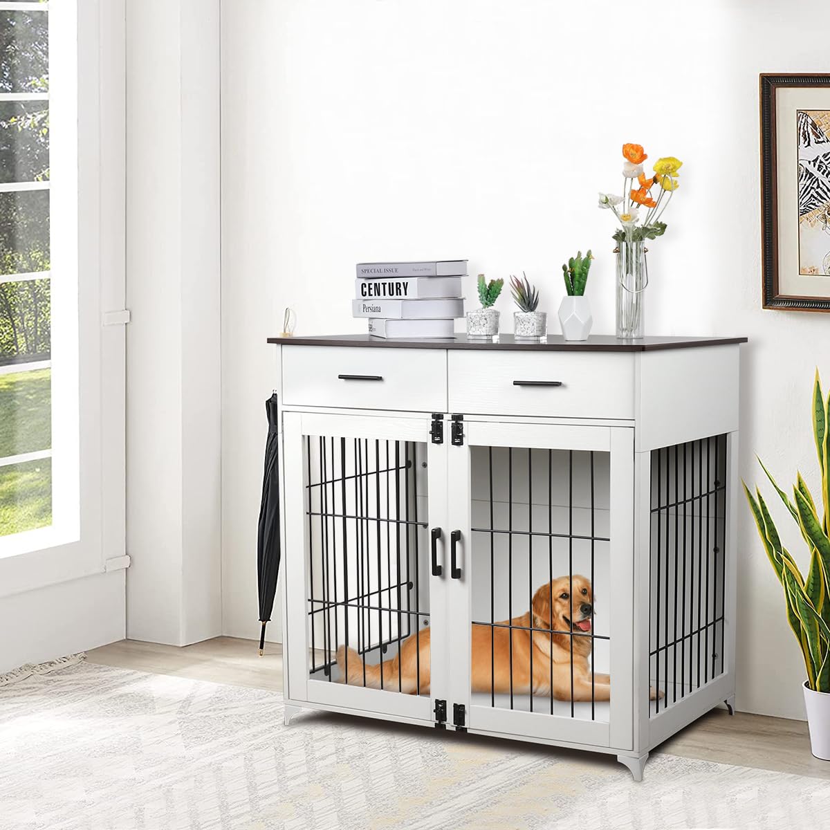 Snowtaros Dog Crate Furniture, 36.6 Inch Large Dog Crate with Drawers, Wooden Dog Kennel Indoor for Small Medium Large Dogs, Heavy Duty Dog Crate End Table with Double Doors Snowtaros