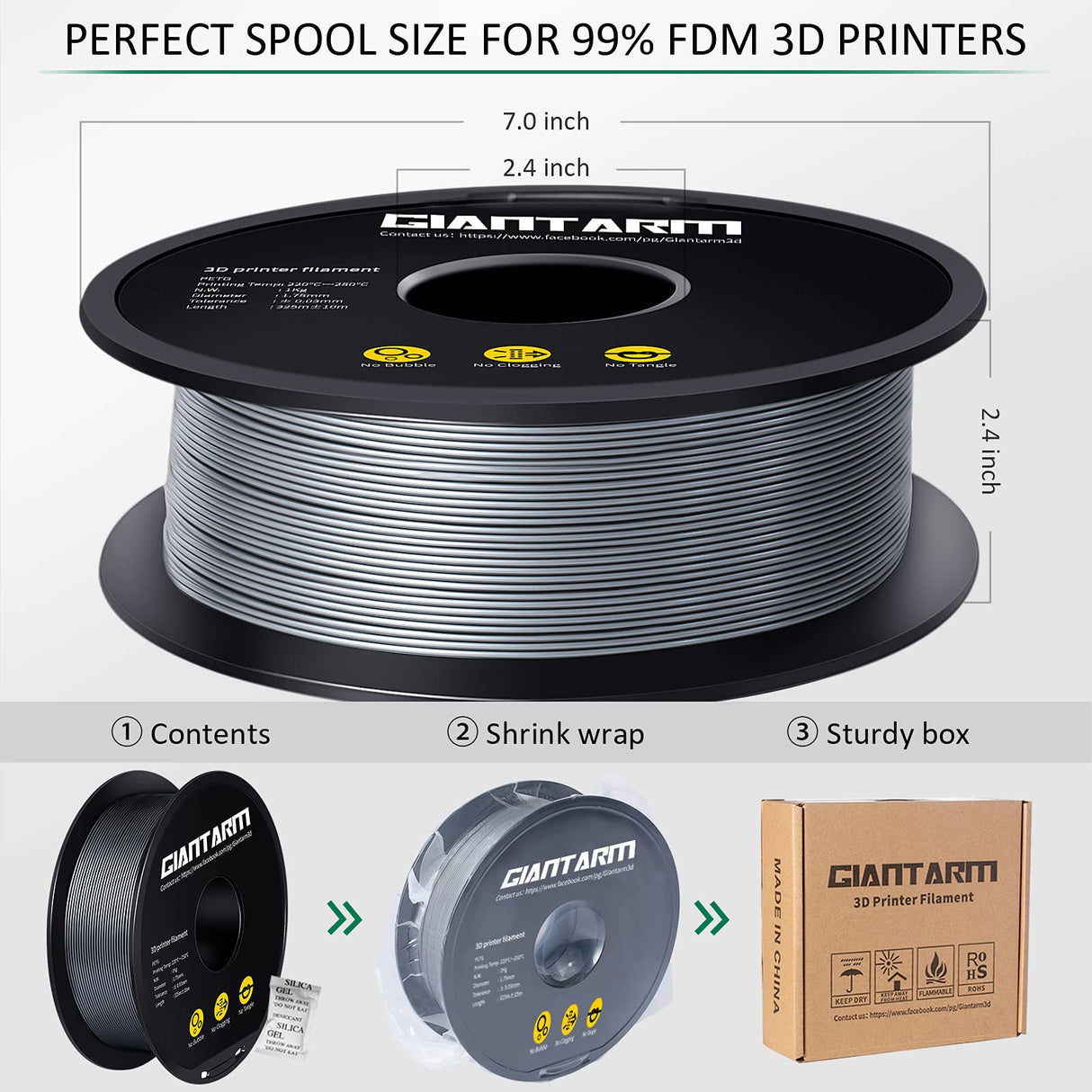 GIANTARM Silver PETG 3D Printer Filament Toughness Enhanced 1kg (2.2lbs), 1.75mm Dimensional Accuracy +/-0.03mm, 1080 Feet（330m/Roll, Vacuum Package, Fit for Most 3D FDM Printer GIANTARM