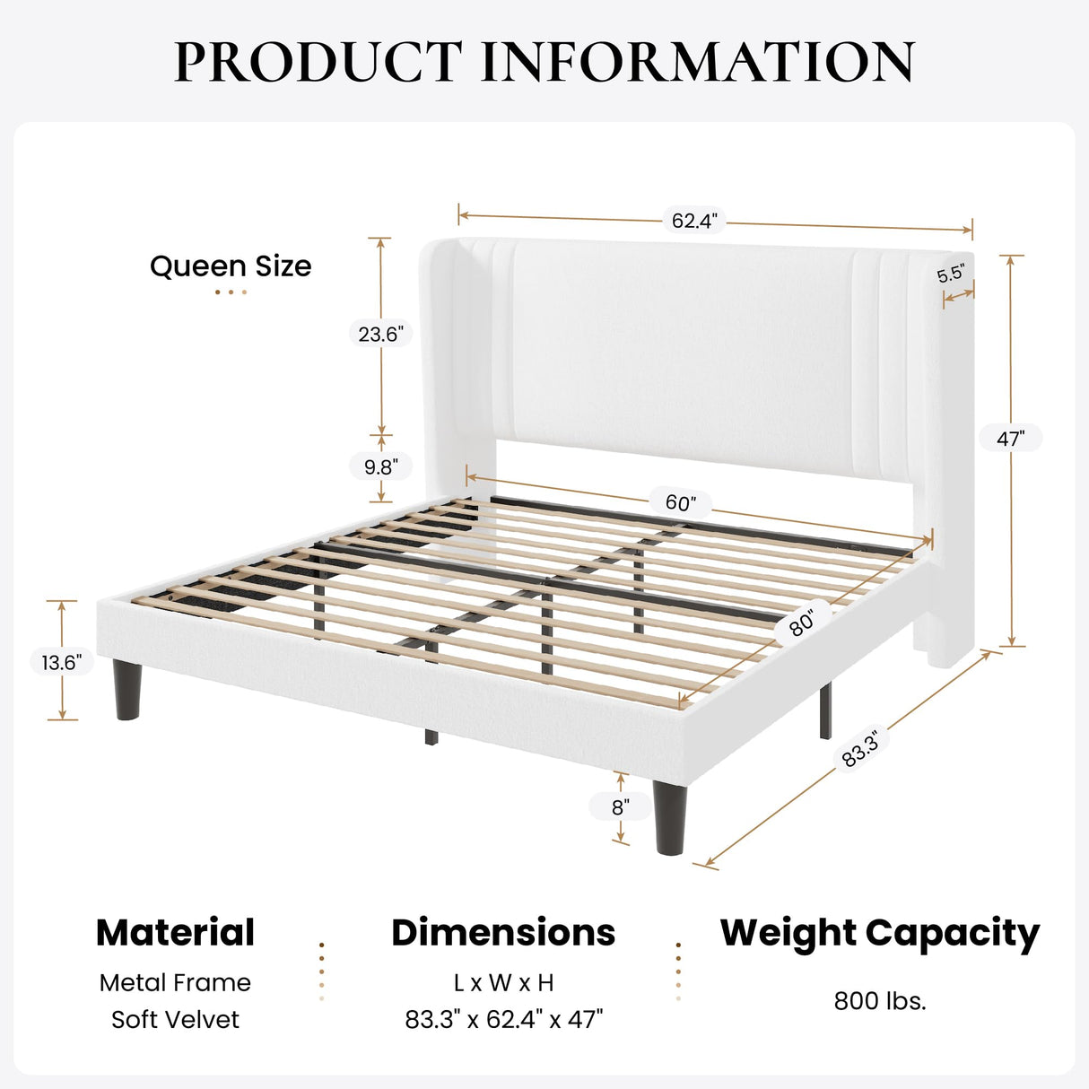 SHA CERLIN Queen Size Velvet Upholstered Platform Bed Frame with Vertical Channel Tufted Wingback Headboard, Wooden Slats Support, Easy Assembly, Under Bed Storage, No Box Spring Required, White SHA CERLIN