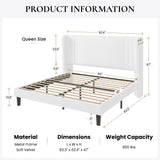 SHA CERLIN Queen Size Velvet Upholstered Platform Bed Frame with Vertical Channel Tufted Wingback Headboard, Wooden Slats Support, Easy Assembly, Under Bed Storage, No Box Spring Required, White SHA CERLIN