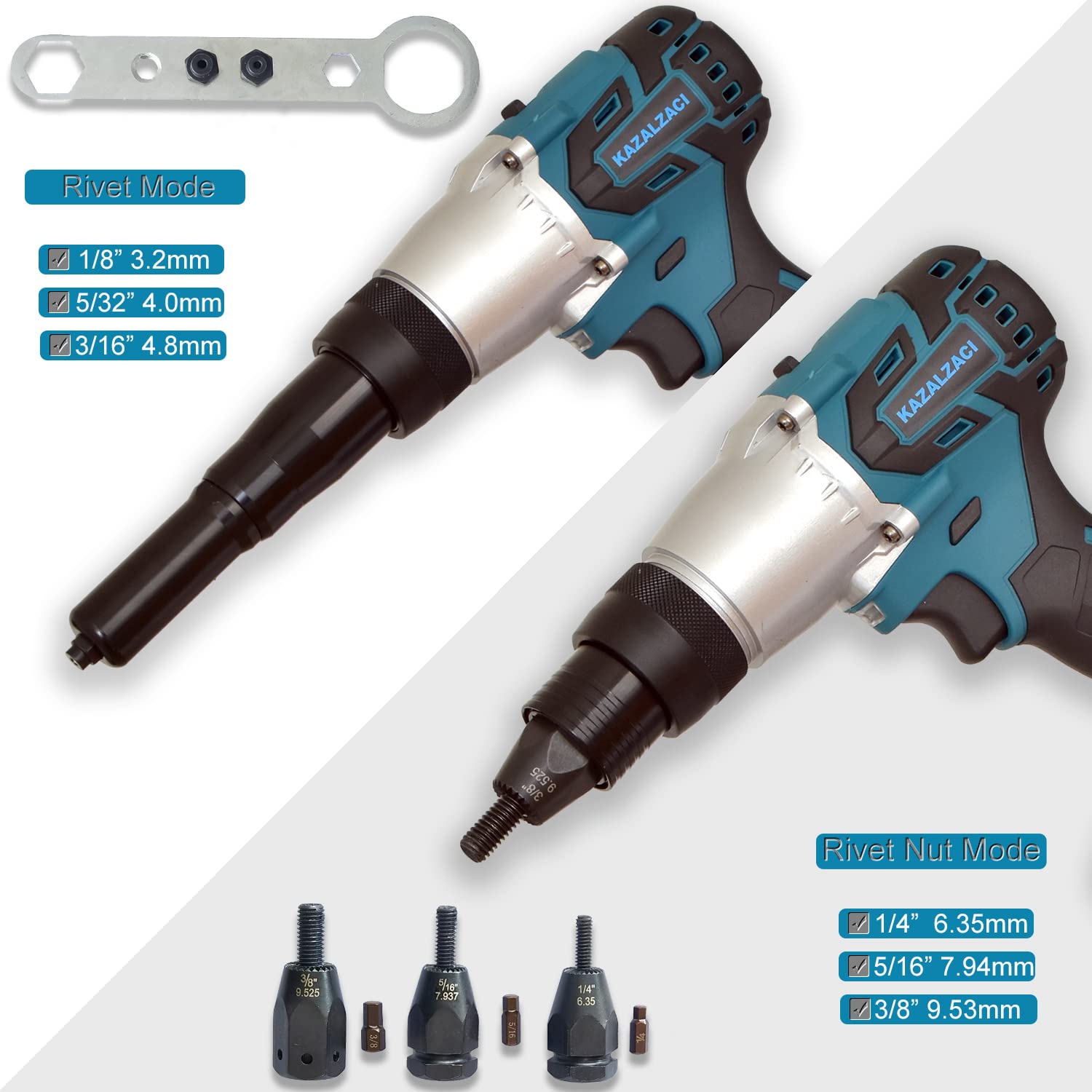 kzalzaci Cordless Rivet/Rivet Nut Gun, 2in1 Rivet Tool for Rivets(1/8'', 5/32'', 3/16") and Rivet Nuts(1/4",5/16",3/8"), Automatic Blind Rivet, 2 Battery Packs - WoodArtSupply