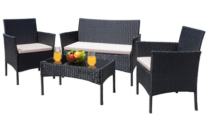 Greesum Patio Furniture 4 Pieces Conversation Sets Outdoor Wicker Rattan Chairs Garden Backyard Balcony Porch Poolside loveseat with Cushion and Glass Table, Black - WoodArtSupply