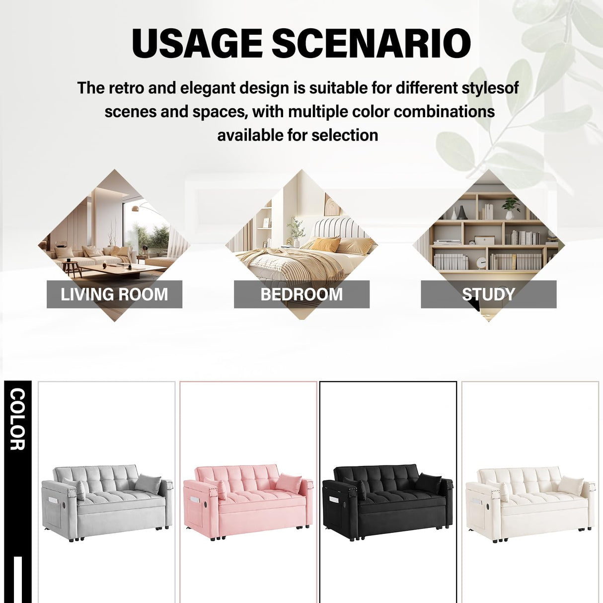 Convertible Sofa Bed,3-in-1 Velvet Sleeper Couch Pull-Out Bed,55'' Loveseat Sleeper Sofa Bed with Adjustable Backrest with 2 Pillows and Storage Bag & USB Port and Hidden Side Computer Table,Black WIIS' IDEA