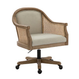 HULALA HOME Rattan Desk Chair, Upholstered Home Office Chair, Vintage Office Chair with Armrest, Adjustable Swivel Rolling Height Task Chair for Living Room Bedroom Study Room, Linen HULALA HOME