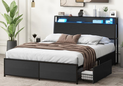 EtherealZYF Black Queen Bed Frame with LED Headboard, Charging Station & 4 Storage Drawers - WoodArtSupply