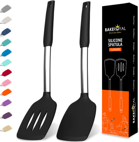BakeRoyal Silicone Spatula Set - Turner Spatulas Silicone Heat Resistant 600°F - Slotted & Solid Silicone Spatulas for Cooking Fish, Eggs, Pancakes Flipper – Silicone Cooking Utensils Set – Black BAKEROYAL