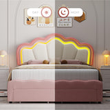 HOSTACK Queen Upholstered LED Bed Frame with Storage Drawers, Cute Girls Bed with Adjustable Lotus Headboard, Velvet Princess Platform Bed Frame, Wooden Slats Support, No Box Spring Needed, Pink/Beige HOSTACK