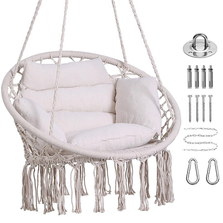 Goutime Hammock Chair, Macrame Hanging Swing Chairs with Cushion and Hardware Kit,Adult Boho Swings for Outside,Patio,Balcony,Bedroom (Beige) GOUTIME
