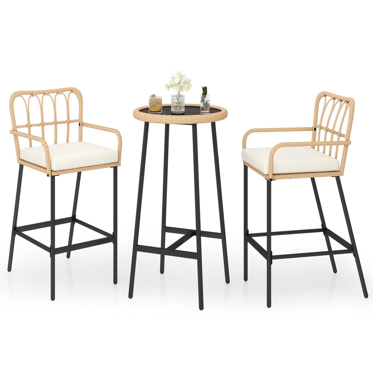 LQFATEST 3 Pieces Outdoor Bar, Wicker Outdoor Bar Table and Outdoor Bar Stool Set of 2, Outdoor Bar Set with Thick Lumbar Pillow for Backyards, Porches-Beige LQFATEST