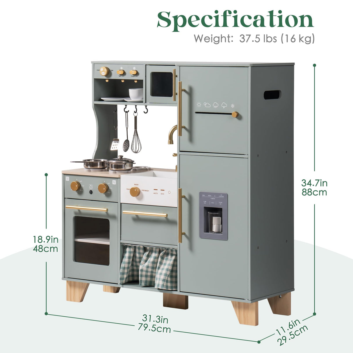 ROBUD Play Kitchen Set, Wooden Play Kitchen with Ice Maker, Fridge, Coffee Machine, Oven, Dishwasher, Microwave, Kitchen Accessories, Toy Kitchen Gift for Boys Girls, 3+ ROBUD