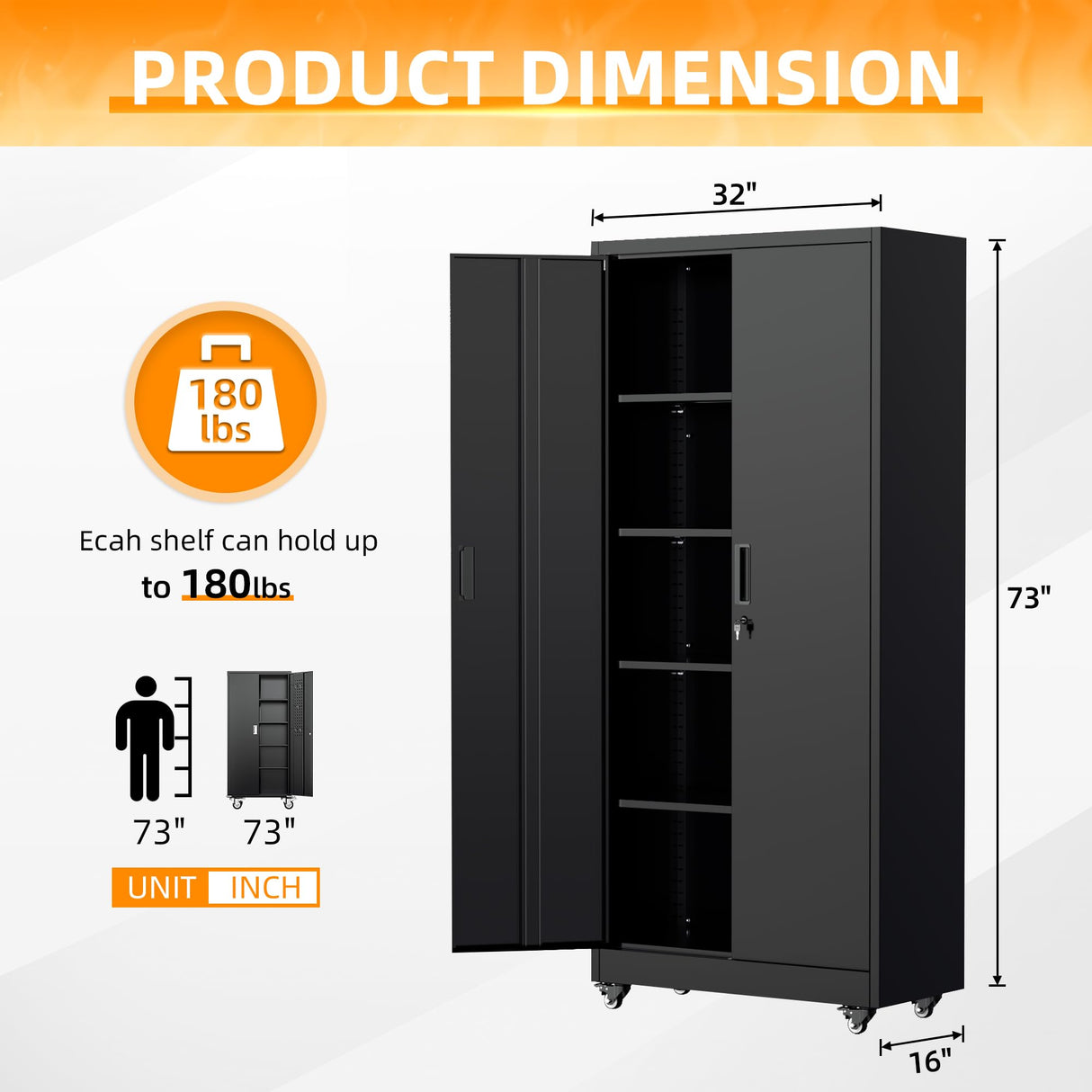 Bonusall 73" H Metal Storage Lockers with Wheels,Rolling Garage Cabinet with Locking Doors and 4 Adjustable Shelves,Metal Locker Organizer Cabinet for Garage,Office,Kitchen,Basement(Black) Bonusall