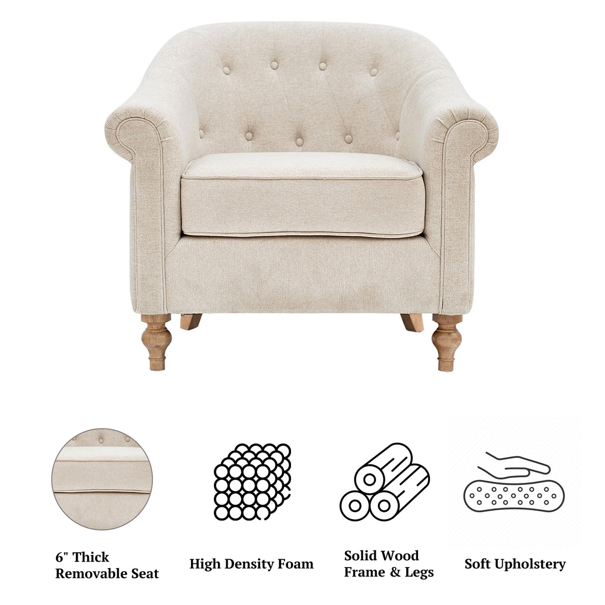 Martha Stewart Fayette Accent Chair for Living Room Bedford Collection, Tufted Back, Traditional Rolled Arms, 6" Thick Removable Cushion, Modern Farmhouse Furniture Bedroom Chair, 35" Wide Cream Martha Stewart