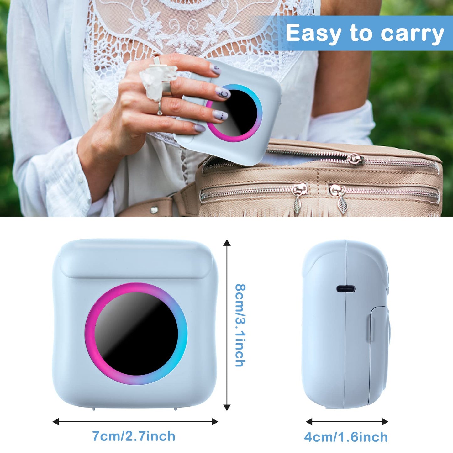 Mini Printer Portable for Smartphone, Wireless Thermal Printer Photo Printer with 7 Rolls of Paper, Inkless Pocket Printer Bluetooth Smart Printer for Picture, Receipt Label, Note, QR Code Printing