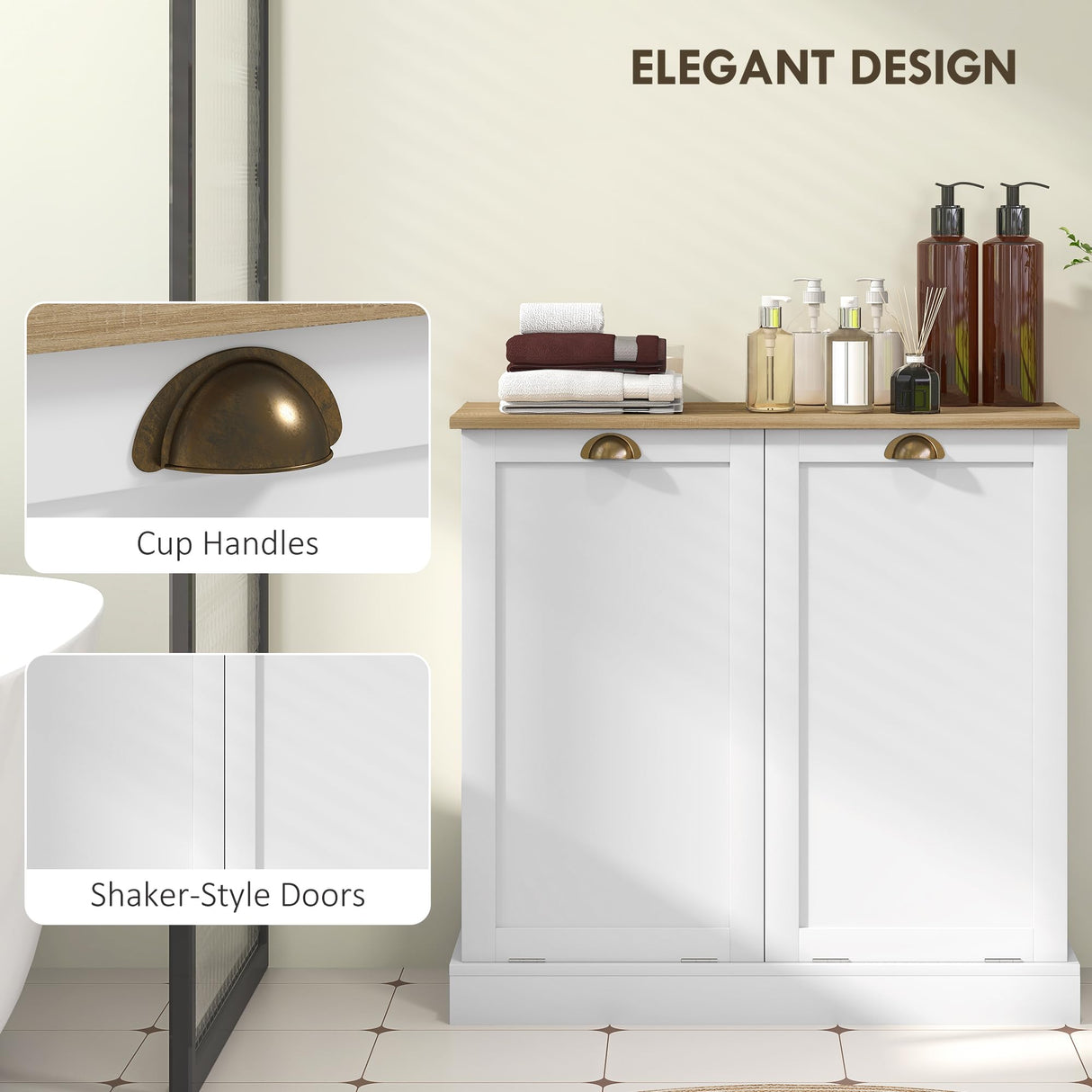 HOMCOM Double Tilt-Out Laundry Hamper Cabinet with 2 Removable Basket, Modern Bathroom Storage Cabinet with Shaker Doors and Handles, White HOMCOM