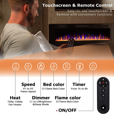 Vitesse 50 inch Ultra-Thin Electric Fireplace in-Wall Recessed and Wall Mounted Linear Fireplace Heater with Multicolor Flame,Timer,Low Noise,750/1500W,Touch Screen & Remote Control(50’’) VITESSE