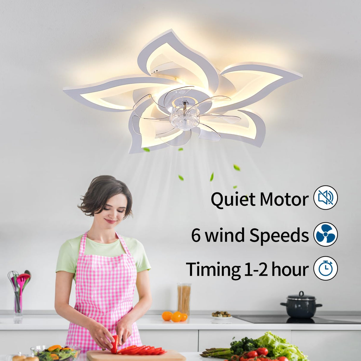 Ruibutrade White Flower Modern CeilingFans with Lights, Low Profile Ceiling Fan with Remote for Bedroom, Flush Mount Ceiling Fan with LED Dimmable Light,3-Colors, 6-Speeds, Timing Ceiling Fan Light Ruibutrade