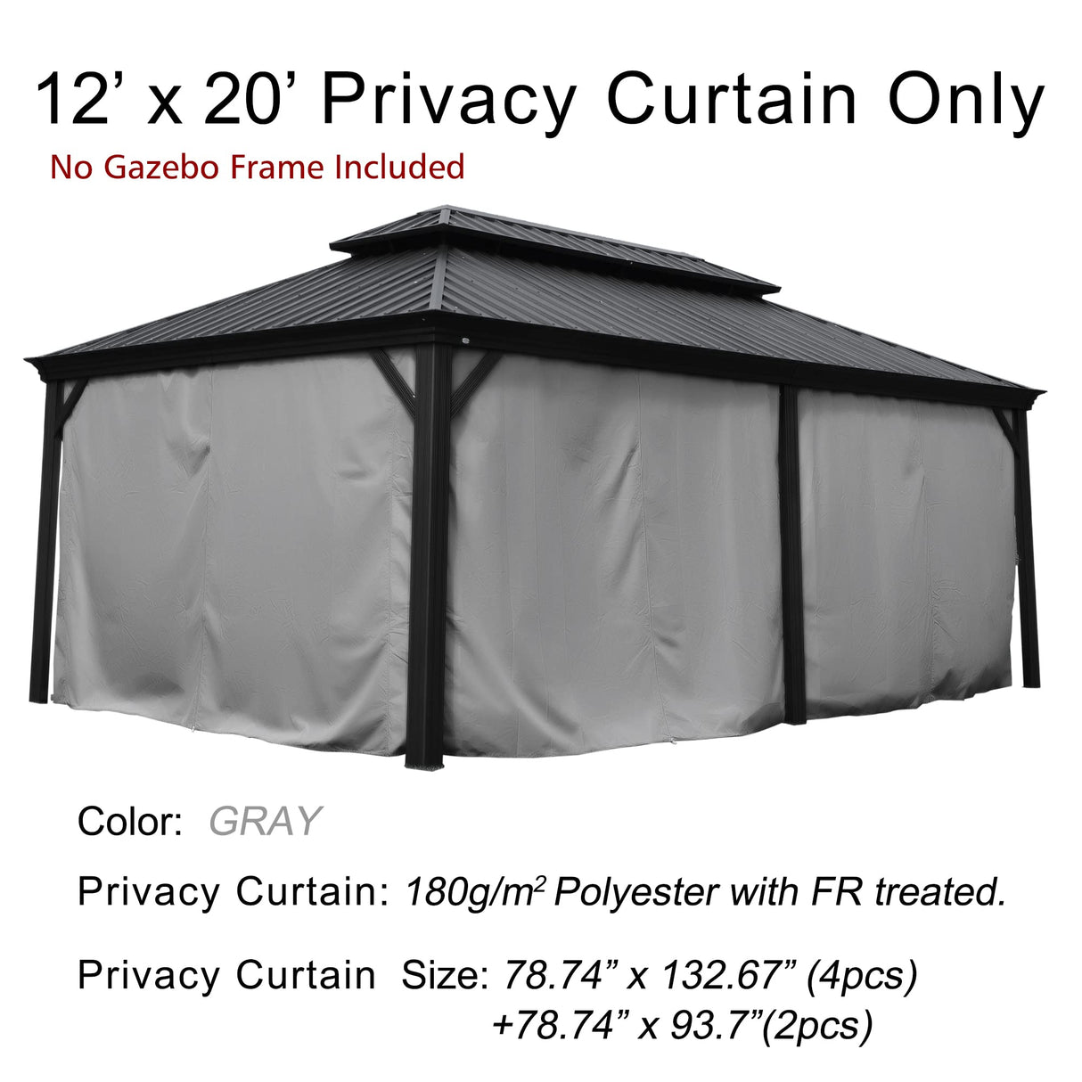 Kozyard Gazebo Privacy Curtain Outdoor Waterproof Sidewall for Hardtop Gazebo, OEM Replacement for Patio Gazebo Curtains for Alexander, Caesar, Rosana and Apollo Model(12ft x 18ft, Gray) Kozyard