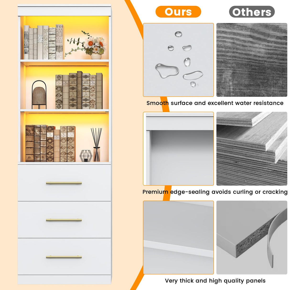 Winkalon 71“H White Bookshelf with LED Light, Bookcase and Bookshelf with Drawers, Tall Bookcase Tall Storage Cabinet 3-Tier Open Shelves for Home Office Living Room Bedroom, 15.8"D x 23.6"W x 70.9"H Winkalon