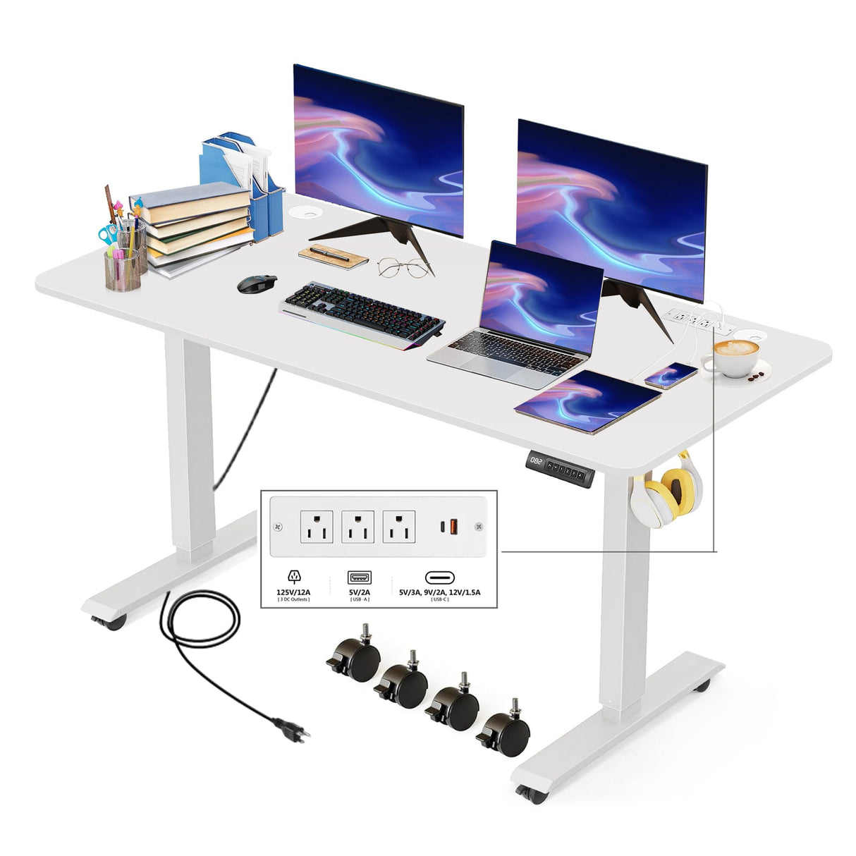 KORGOL Electric Standing Desk 55 x 24 Inches Adjustable Height Sit Stand Up Desk for Home Office Computer Workstation with 2 USB Ports 3 AC Power Outlets Memory Preset and Wheels, White KORGOL