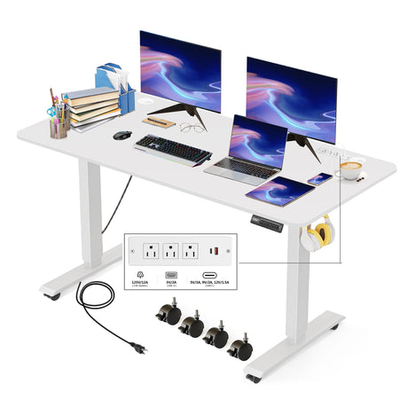 KORGOL Electric Standing Desk 55 x 24 Inches Adjustable Height Sit Stand Up Desk for Home Office Computer Workstation with 2 USB Ports 3 AC Power Outlets Memory Preset and Wheels, White KORGOL
