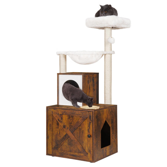 Heybly Cat Tree, Wood Litter Box Enclosure with Food Station, All-in-one Indoor Cat Furniture with Basket and Condo, Modern Style Cat Tower, Hammock, Rustic Brown HCT101SR - WoodArtSupply