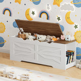 HOOBRO Farmhouse Storage Bench, Toy Box with Safety Hinges, Wooden Storage Chest with Side Storage Cubby, 47.2''L x 15.7''W x 19.5''H, for Entryway, Bedroom, Living Room, White and Walnut WH96CW01 HOOBRO