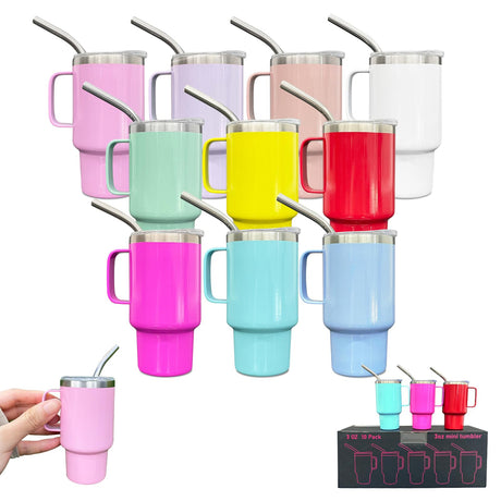 FunTrans 3oz Mini Tumbler Shot Glass with Straw and Lid, 10 Pack Stainless Steel Sublimation Shot Glasses with Handle for Wedding Party Whiskey Cocktail Bar FunTrans