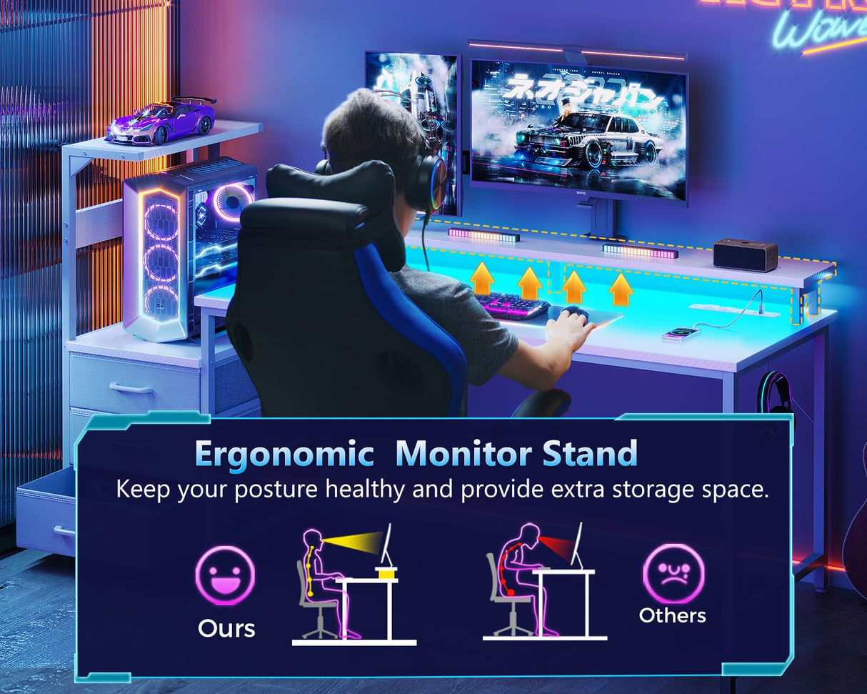 AODK 59 Inch Gaming Desk with USB Charging Ports & LED Light- Reversible Computer Desk with Storage Shelves & Monitor Stand, Modern Gamer Desk Table with Fabric Drawers & Side Hook, Carbon Fiber White AODK