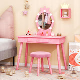 Costzon Kids Vanity, Girls Vanity Set with Mirror and Stool and Lights, Drawer, 2 in 1 Wooden Toddler Makeup Vanity Desk Dressing Table, Pretend Play Kids Vanity Table and Chair Set (Pink) Costzon