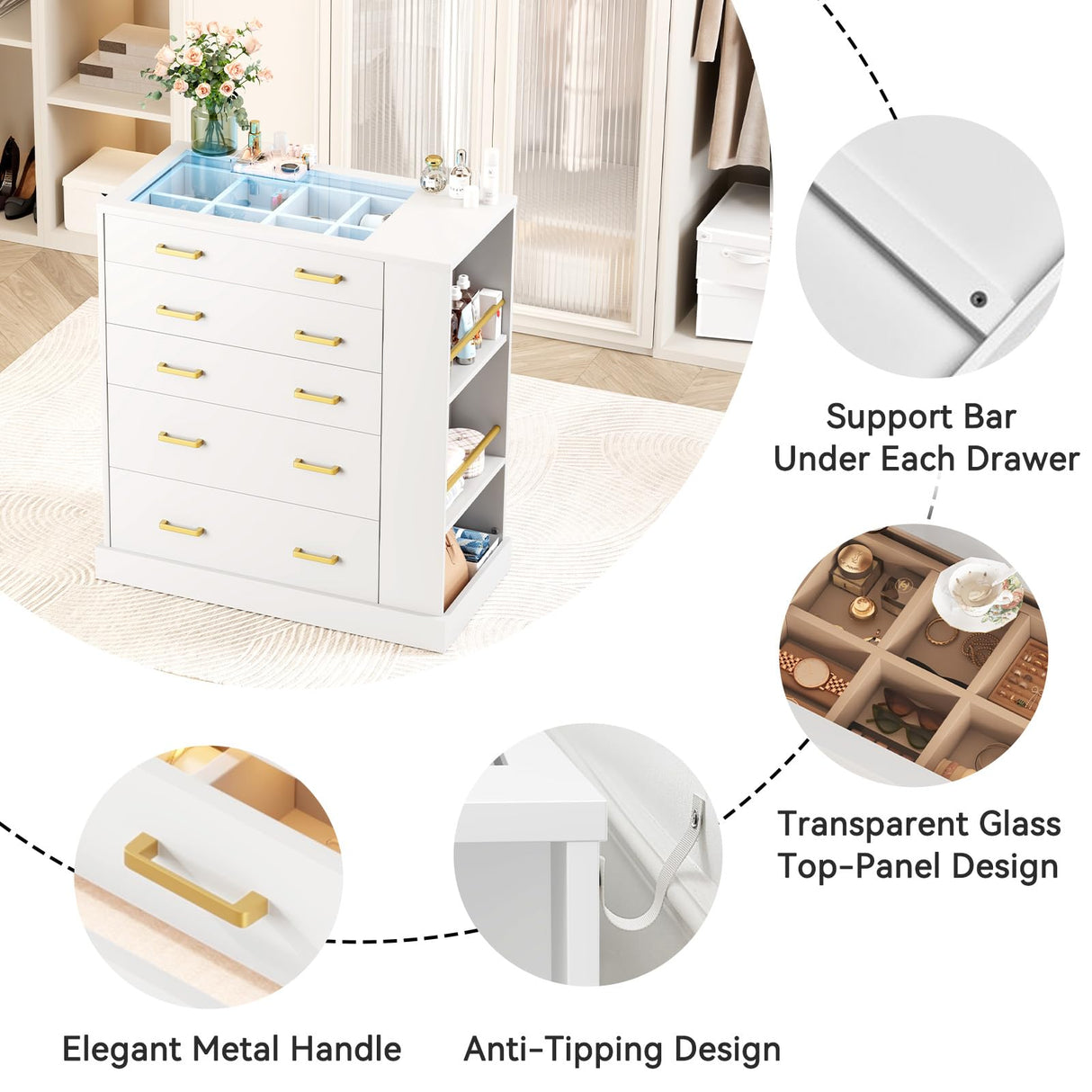 JanflyHome Closet Island with Open Shelves, Modern Glass Top Dresser with LED Lights, Tall Chest of Drawers with Jewelry Organizer for Bedroom,Living Room, Bedroom, Hallway, Entryway, White JanflyHome