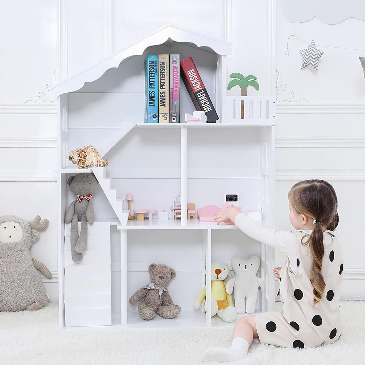 YFDZONE Dollhouse Bookshelf, Wooden Kids Bookshelve Children Doll House Toy Storage 3-Tier Bookcase for Books Gift for Girls Ages 3-7+ YFDZONE