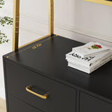 HITHOS 69" Tall Bookshelf, Modern 4-Tier Bookcase with Wooden Drawers and Ladder Shelves, Free Standing Storage Cabinet Kitchen Bakers Rack with Microwave Oven Stand for Home Office, Black Gold HITHOS