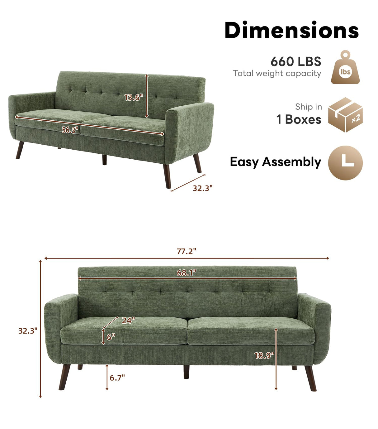 Tbfit 77.2" W Linen Sofa Couch, Mid Century Modern Decor Loveseat Couches for Living Room, Button Tufted Upholstered Small Couch for Bedroom, Solid, and Easy to Install Love Seats Furniture, Green Tbfit