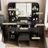 Vabches Black Vanity Desk, Vanity Mirror with Lights, Makeup Vanity Desk with Stool, Vanity Table with Large Storage Drawers and Shelves, Time and Temperature Display, 3 Led Lighting Modes Adjustable Vabches