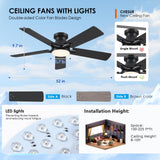 52 Inch Ceiling Fan with Lights and Remote/APP Control - Black Flush Mount Ceiling Fan with Dimmable LED Light, Reversible DC Motor, Low Profile Ceiling Fan for Modern Indoor and Outdoor Patios CHESUR