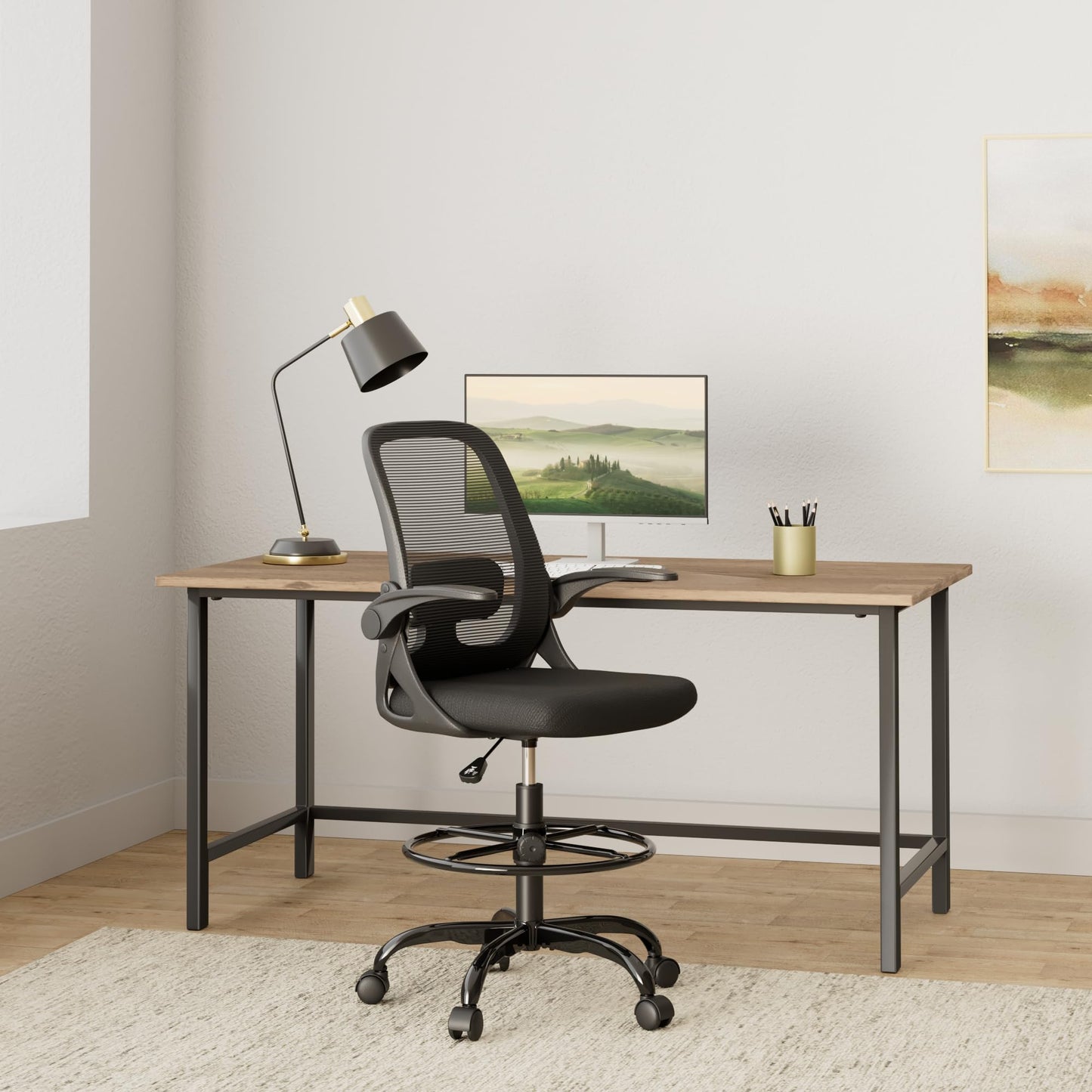 Winrise Drafting Chair Tall Office Chair Ergonomic Desk Chairs with Lumbar Support and Flip-up Armrests, Adjustable Height Comfy Computer Chair with Swivel Task and Adjustable Foot Ring(Black - WoodArtSupply