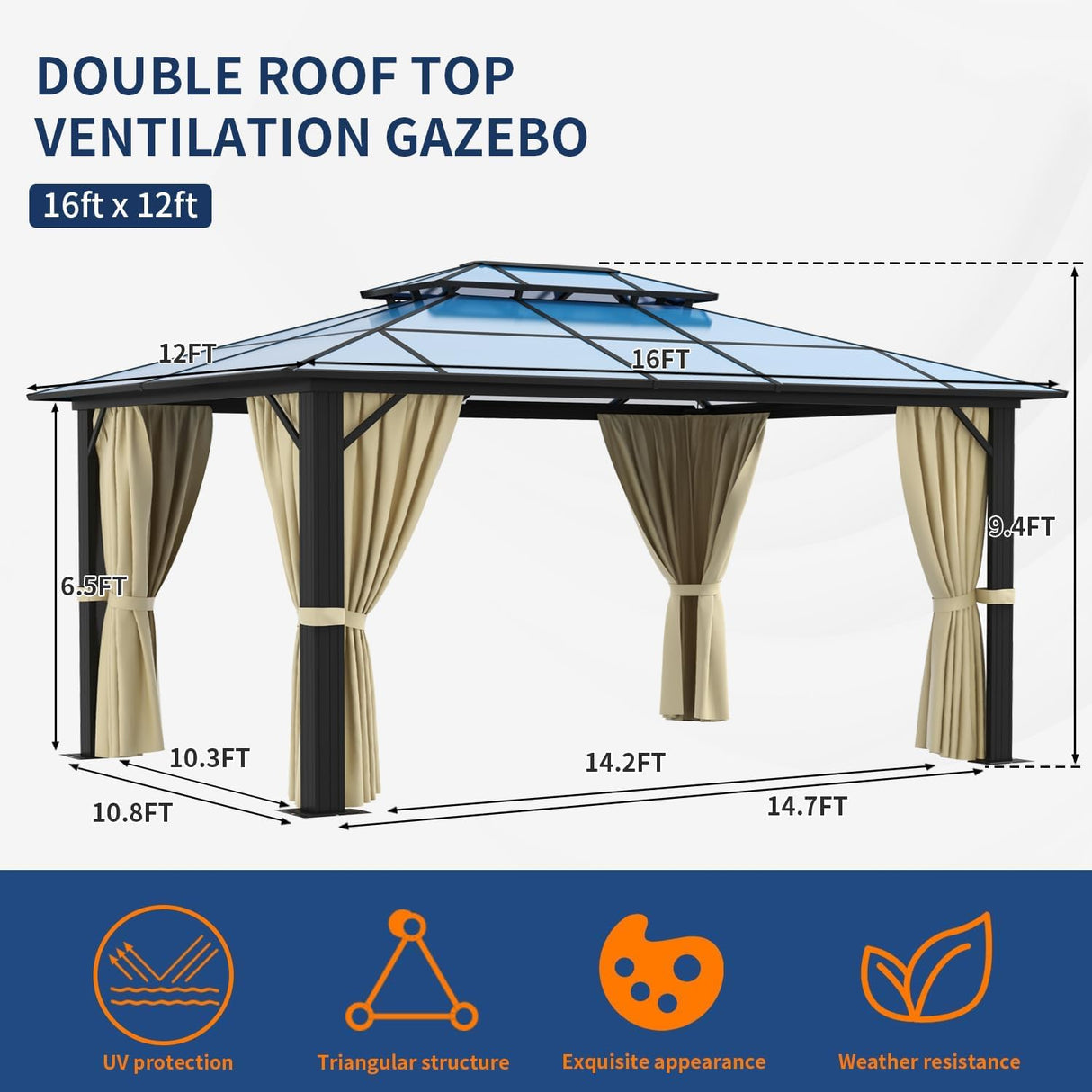 Jolydale 12'x16' Hardtop Gazebo, Outdoor Polycarbonate Double Roof Canopy, Aluminum Frame Permanent Pavilion with Curtains and Netting, Sunshade for Garden, Patio, Lawns Jolydale