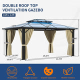 Jolydale 12'x16' Hardtop Gazebo, Outdoor Polycarbonate Double Roof Canopy, Aluminum Frame Permanent Pavilion with Curtains and Netting, Sunshade for Garden, Patio, Lawns Jolydale