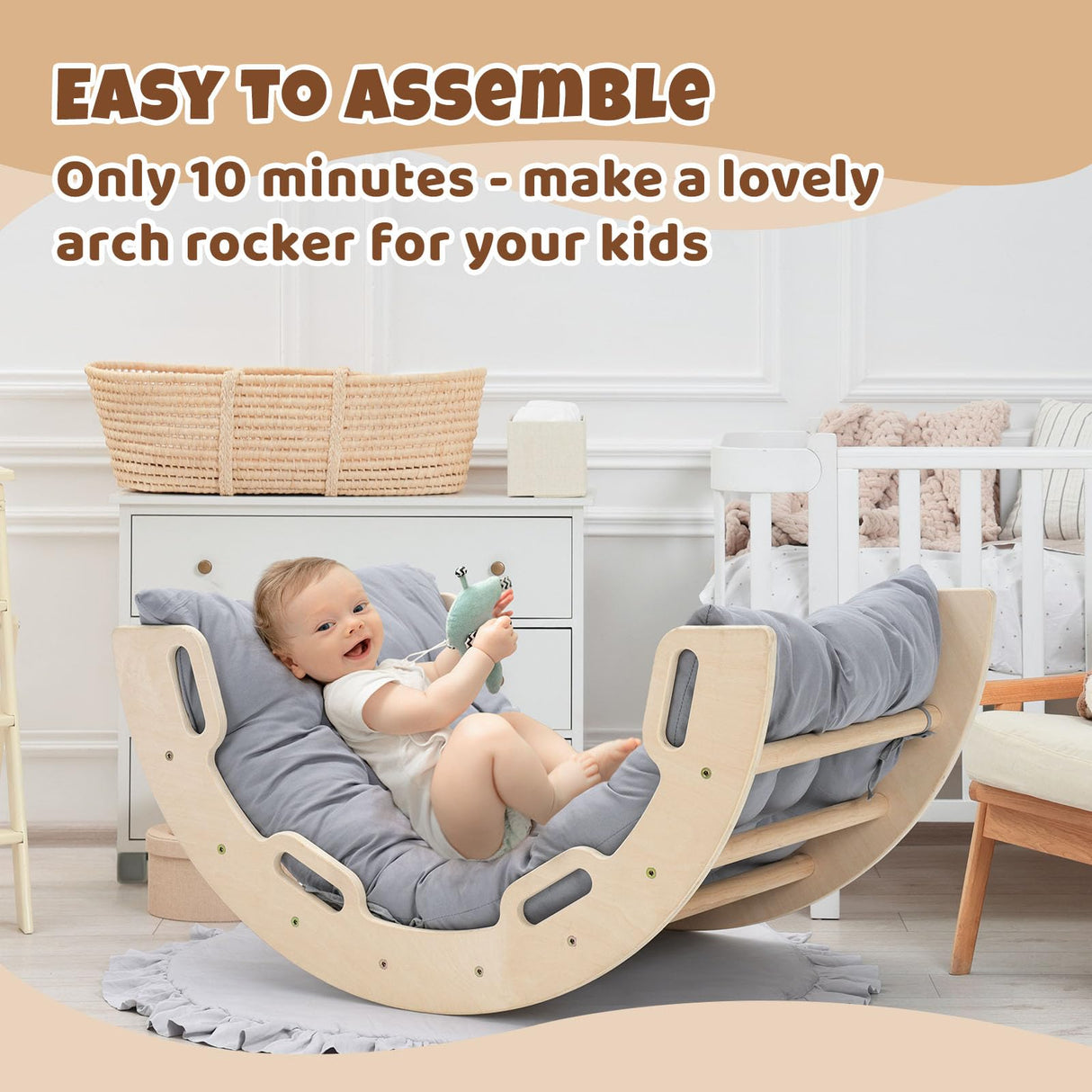 COSYLAND Kids Climber Arch Rocker with Cushion,Wooden Indoor Pikler Climbing Toys for Toddler with 4 Handrails On Each Side,Paintless Indoor Playground Arch Climbing Ladder (Natural) COSYLAND